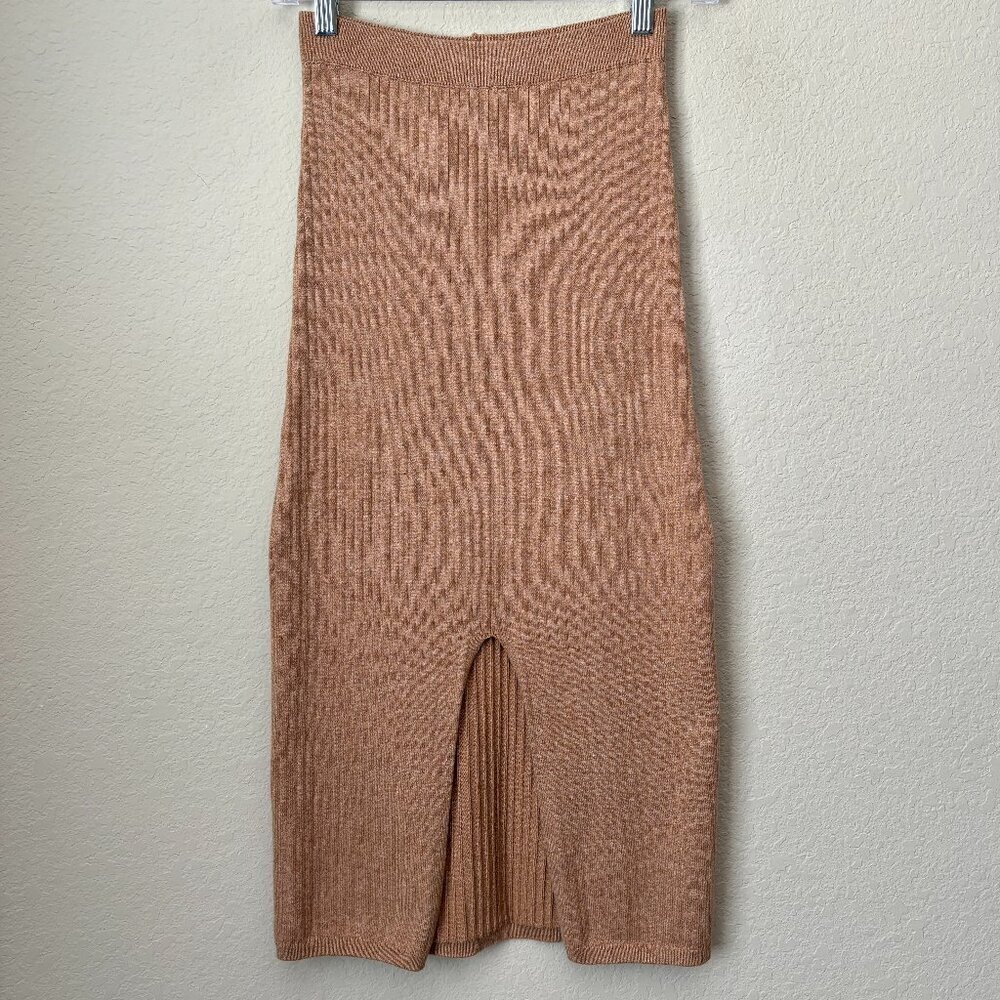 Free People Skyline Front Slit Rib Midi Skirt Stretch Beige - Picture 2 of 9